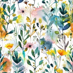 Whimsical watercolor pattern of herbal illustrations and playful abstract splashes, ideal for creating unique and environmentally conscious textiles