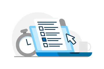 online exams and assessments with timer on laptop screen concept illustration flat design. simple modern graphic element for landing page ui, infographic, icon