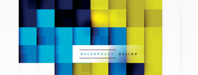 Aufkleber - A vibrant art piece featuring a pattern of electric blue and magenta rectangles on a blue and yellow checkered background with a white border, showcasing symmetry and colorfulness