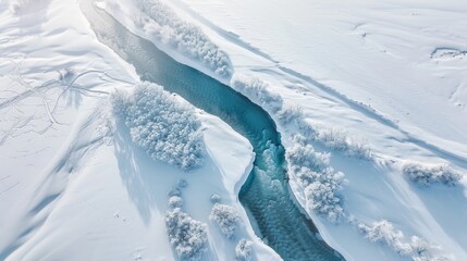 Wall Mural - Snow covered River from Above