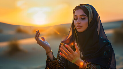 Wall Mural - Arabic woman weared in traditional UAE dress  abayain rising her hands on the sunset at a desert : Generative AI
