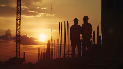 Aufkleber - Silhouette of Engineer and worker on building site construction site at sunset in evening time : Generative AI
