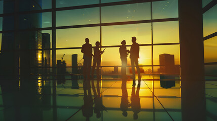 Poster - Silhouette view of business people team in group meeting on city office building background showing partnership success of business deal Concept of teamwork trust and agreement : Generative AI
