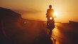 © Generative AI - Silhouette of young man biker  and a motorcycle on the road with sunset light background : Generative AI
