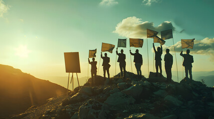Aufkleber - Goal setting towards planning for the future Silhouettes of group businessmen holding target boards with flags planted on a mountain Concept of a clear planning process and teamwork : Generative AI