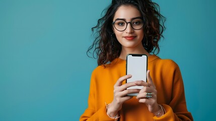 beautiful woman with white blank screen phone for mockup