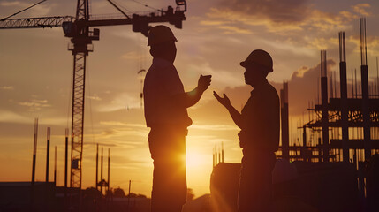 Wall Mural - Silhouette of Engineer and worker checking project at heavy infrastructure building site background construction site at sunset in evening time : Generative AI