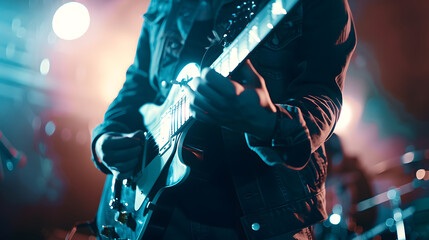 Aufkleber - A guitar player making rock during concert Rock band performs on stage Guitarist plays solo : Generative AI