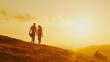 © Generative AI - silhouettes of couple at sunset against bright sun sky man and woman have fun in nature walking and relaxing relationships and falling in love poster postcard romantic meetings against : Generative AI