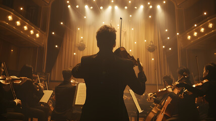 Aufkleber - Back View Cinematic shot of Conductor Directing Symphony Orchestra with Performers Playing Violins Cello and Trumpet on Classic Theatre with Curtain Stage During Music Concert : Generative AI