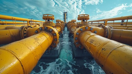 Industrial pipeline array under blue sky