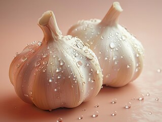 Fresh garlic cloves just washed with drops of water on them and a simple background. 