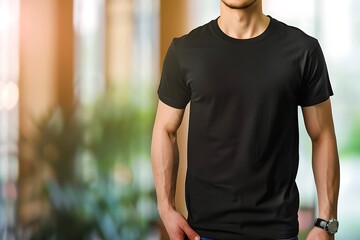 Young man wearing black tshirt for mockup on blurred bokeh background.