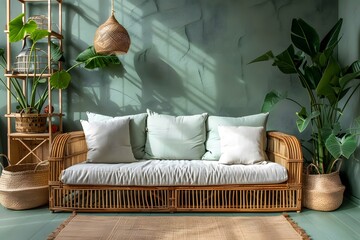 Wall Mural - Rattan sofa with light green cushions, wicker basket and big plants against green wall with shelf. Scandinavian interior design of modern living room.