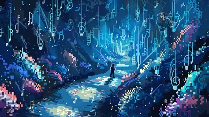 Poster - Descent into the musical abyss. A lone figure stands at the edge of a vast chasm, surrounded by floating musical notes.