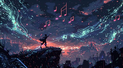 Poster - A boy stands on a rooftop in a city, holding a guitar. He is surrounded by colorful lights and music notes.