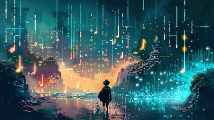 Poster - The image is a pixelated cityscape at night. The city is full of bright lights and tall buildings. It is raining and the rain is pixelated.