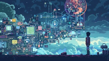 Poster - The image is a pixelated landscape of a city at night. The city is full of bright lights and tall buildings.