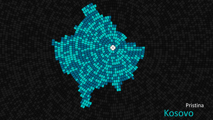 a map of kosovo is presented as a mosaic with a dark background, and the country's borders are outli