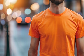 Wall Mural - Young man wearing orange tshirt for mockup on blurred bokeh background.