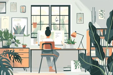 Wall Mural - A designer is creating illustrations on a digital tablet in a stylish and minimalist study nook.