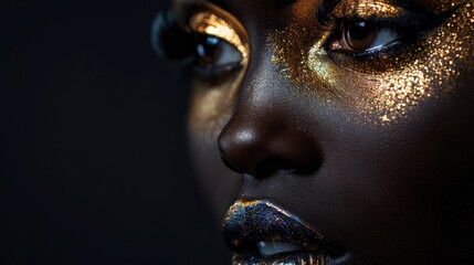 Wall Mural - A beautiful dark-skinned girl with bright makeup on a black background.