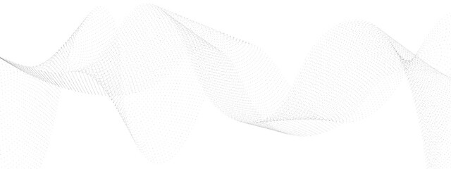 Poster - Flowing wave dot particles halftone pattern black gradient curve shape isolated on transparent background. Digital future technology concept, science, banner, business, music. Vector illustration.