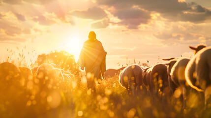 Shepherd Jesus Christ leading the sheep and praying to God and in the field bright sun light and Jesus bokeh silhouette background : Generative AI
