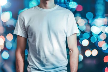Wall Mural - Young man wearing white tshirt for mockup on blurred bokeh background.