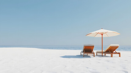 Beach background with two beach chairs and umbrella on white sand under blue sky, summer vacation concept