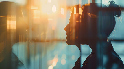 Poster - Silhouettes of diverse businessman and businesswoman double exposure of office room Concept of corporate communication and teamwork Toned image : Generative AI