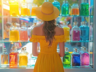 Wall Mural - A young woman wearing a yellow dress is shopping