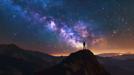 Milky Way arch and man on the mountain peak at starry night Silhouette of alone guy blue sky with bright stars in summer Galaxy Space background Landscape with arched milky way Travel  : Generative AI