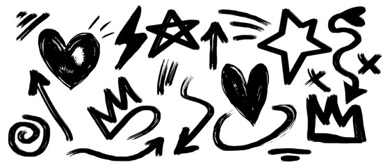 Poster - Hand drawn set of doodle emphasis design elements. Crown, love, arrow. curly swishes, swoops, swirl, arrow, heart, star, thunder. used for infographic concept design