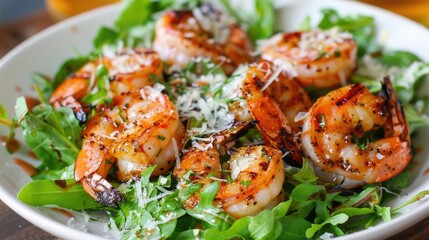 Grilled shrimp and parmesan cheese flakes salad