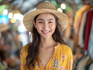 Wall Mural - A young woman wearing a yellow dress is shopping