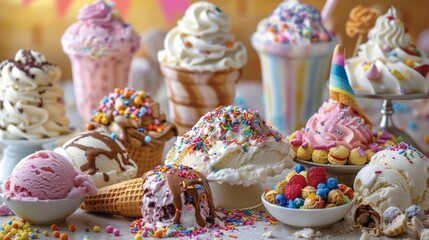 Wall Mural - A photorealistic image of a table overflowing with various ice cream desserts, 