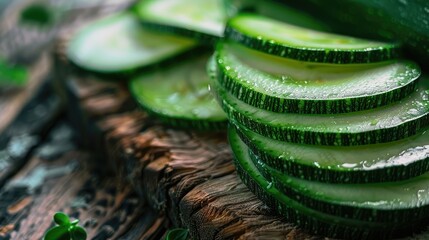 Wall Mural - Circularly sliced green zucchini on a wooden surface Harvested zucchini Plant based cuisine