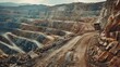 Work of heavy equipment in an open pit for gold ore mining, soft focus