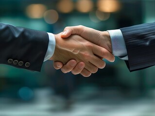 Two businessmen shaking hands in agreement with blurred background