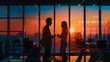 © Generative AI - Business people silhouettes talking at workplace in dusk office Back view of young couple flirting in office on evening city background Love couple at dating in front of panoramic wind : Generative AI