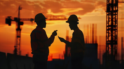 Aufkleber - Silhouette of Engineer and worker checking project at heavy infrastructure building site background construction site at sunset in evening time : Generative AI