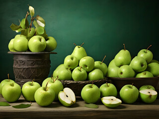 green apples on black background. fruit, apple, green, food, fresh, apples, healthy, market,Ai generated 