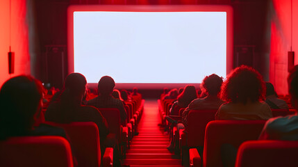 Aufkleber - Cinema blank screen and people in red chairs in the cinema hall Blurred People silhouettes watching movie performance : Generative AI