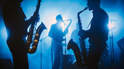 Aufkleber - Bands silhouettes with on a concert  Group of saxophone guitar trombone players performing on stage : Generative AI
