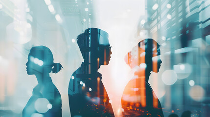 Aufkleber - Silhouettes of three diverse confident business people working together in abstract blurry city with creative double exposure effect and their colleagues Concept of leadership Toned im : Generative AI