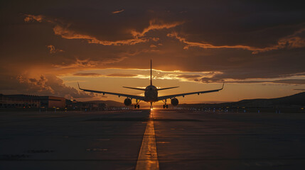 Poster - Plane goes on takeoff at sunset Landing plane at sunset Cloudy sky : Generative AI