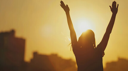 Wall Mural - Woman raising his hands in worship Christian Religion concept Silhouette woman on sunrise background Christian female prayers to God in faith Women raise hands in praise with faith and : Generative AI