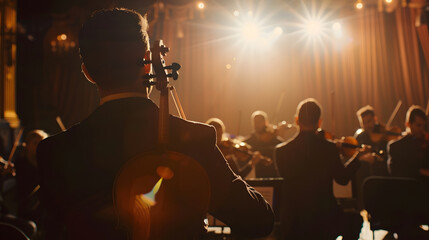Aufkleber - Back View Cinematic shot of Conductor Directing Symphony Orchestra with Performers Playing Violins Cello and Trumpet on Classic Theatre with Curtain Stage During Music Concert : Generative AI
