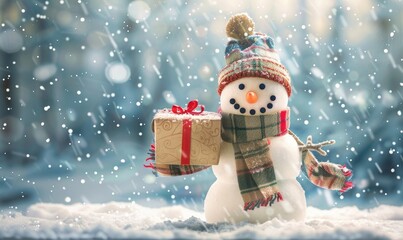 Wall Mural - photo of happy snowman with gift box in hand on winter background, snowfall, copy space concept for Christmas and New Year greeting card design